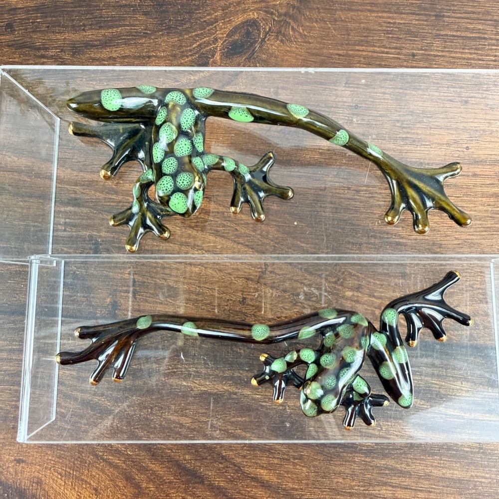 Ceramic Tree Frog Pair Black Green Spotted Figurines Glossy Pottery